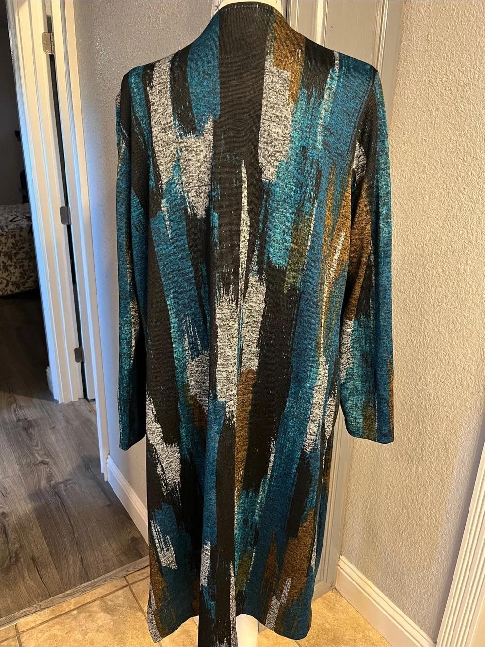 Open-Front Longline Cardigan in Teal, Black & Brown Brushstroke
